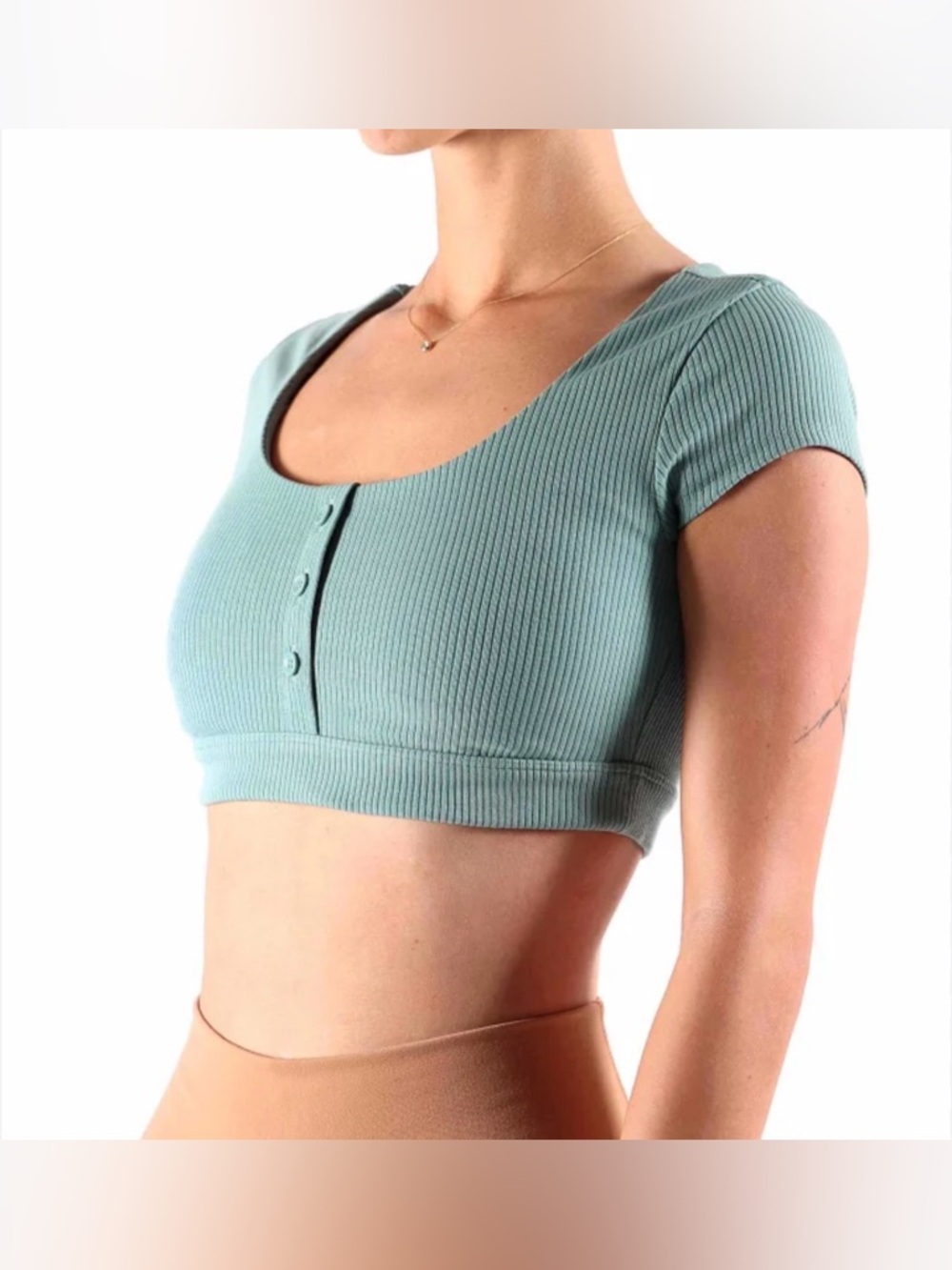 ALO YOGA Blissful Henley Bra Top - Soft Seagrass, SMALL NWOT